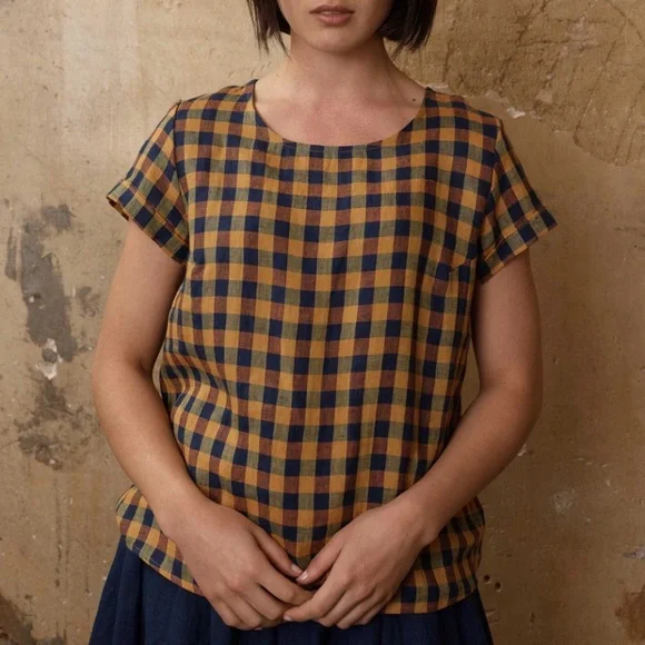 Pyne & Smith Blouse No.14 Linen T-shirt yellow gingham check - Picture 6 of 7